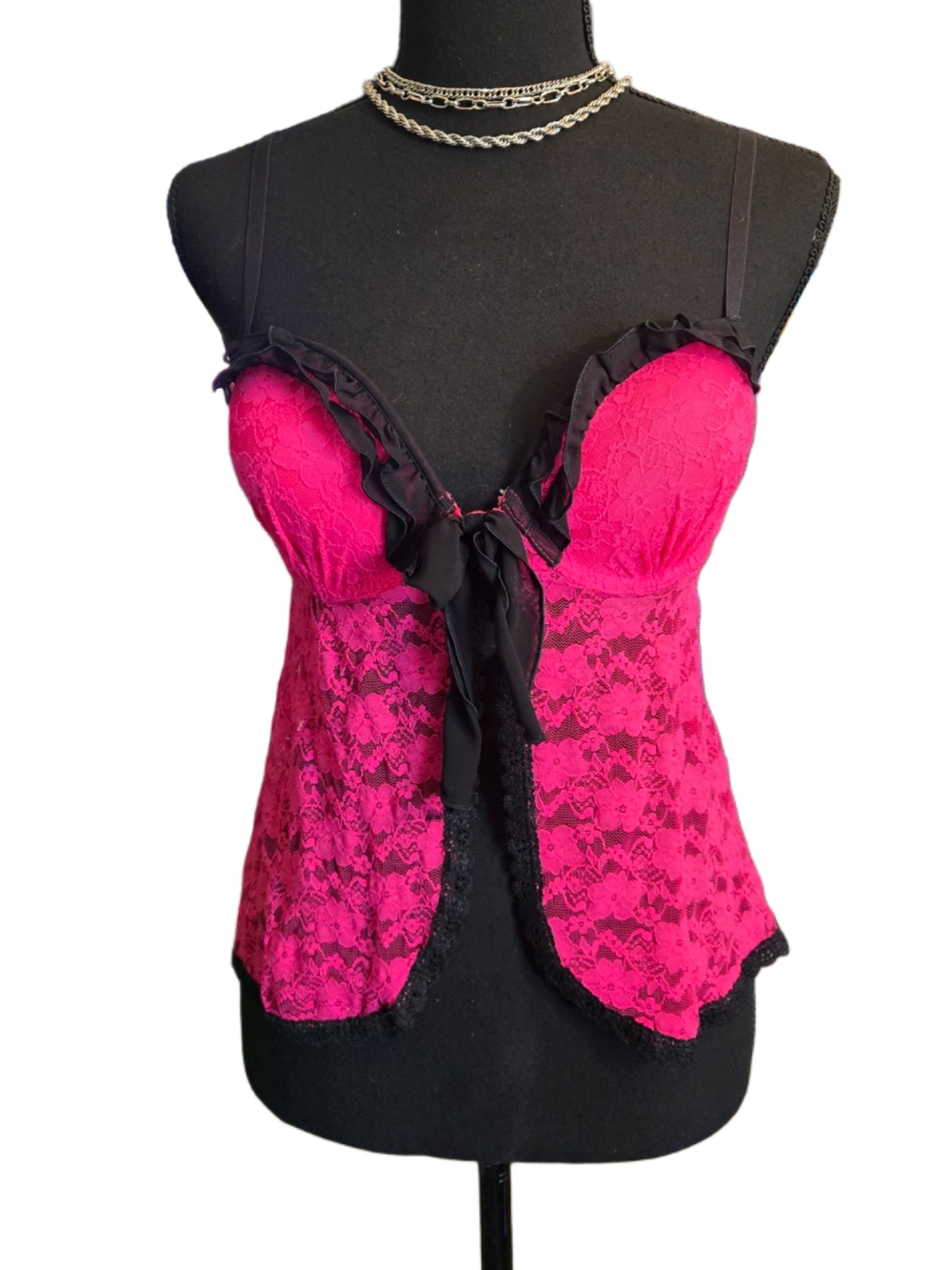 Hot Pink Lace Babydoll Camisole with Black Ruffle Trim 🖤